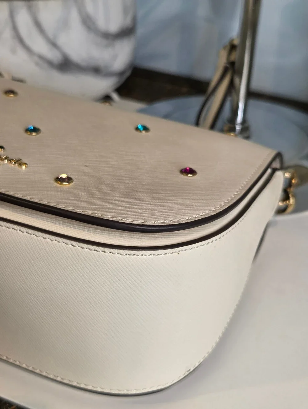 Kate Spade Madison Saffiano Leather Studded Saddle Bag Meringue